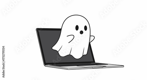 Cute Ghost Emerging From Laptop Screen For Halloween Tech Concept