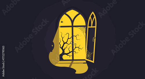 Eerie Window Scene With Spiderweb And Bare Tree Silhouette