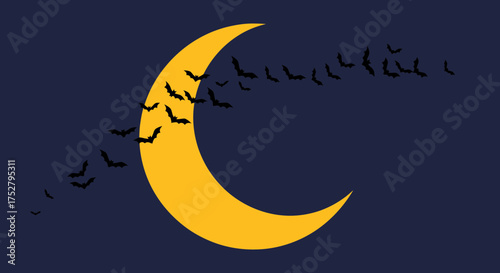 Mystical Night With Crescent Moon And Bats Halloween Design