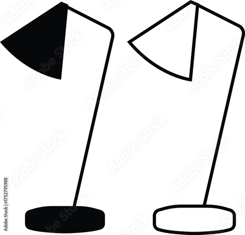 Lamp icon set in flat and outline styles. Table lamp silhouette symbols, home decoration and interior design elements, lighting fixture vectors illustration. Furniture for personal and commercial use.