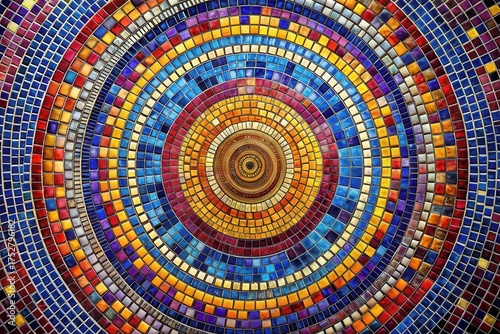 Vibrant Circular Mosaic Tile Pattern Featuring a Multitude of Jewel-Toned Colors Arranged in Concentric Rings