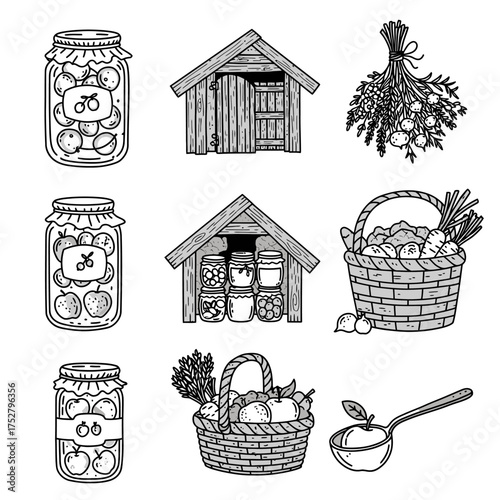 Charming hand-drawn illustrations depict traditional food preservation, showcasing jars, sheds, and baskets filled with fresh produce.