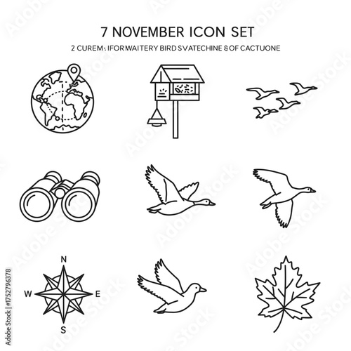 This clean line art icon collection showcases nature, birdwatching, global travel, and autumn symbols, perfect for illustrating outdoor adventures and wildlife themes.