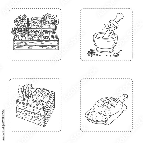 Line art icons of fresh vegetables in crates, spices with mortar and pestle, and sliced bread on a board, ideal for healthy eating and culinary use.