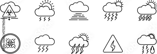 Hand drawn weather icons featuring storms rain sun and fog symbols