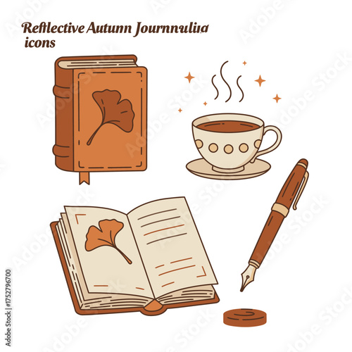 A charming illustration depicting autumn journaling essentials: a ginkgo leaf book, a steaming cup, and an elegant fountain pen, ideal for quiet reflection.