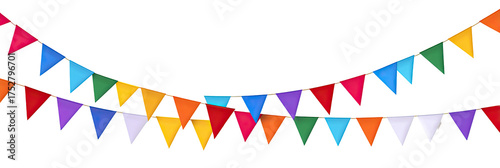 Colorful triangular flags strung on a garland against a black background