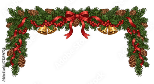 Vector art of festive christmas garland with pine cones, red berries, bells, and bows