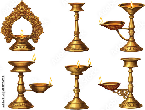 Traditional Indian brass oil lamp set with burning diya flames, ornate golden stand design for Diwali celebration decor, Hindu festival element, CAD drawing flat vector illustration