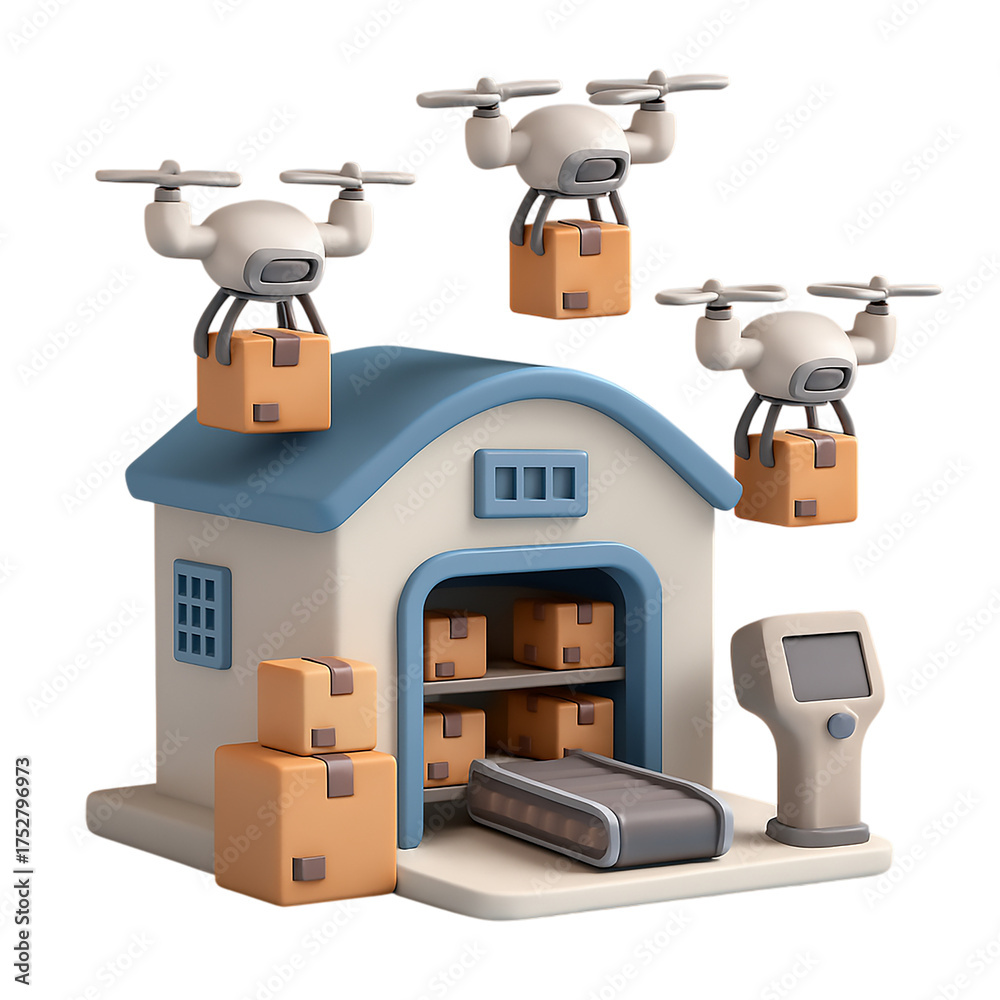Fototapeta premium 3d icon of warehouse with drones delivering packages isolated on transparent background