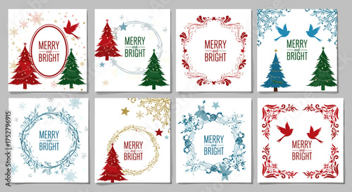 Vector art of collection of eight square christmas greeting card designs with festive elements and the phrase merry bright