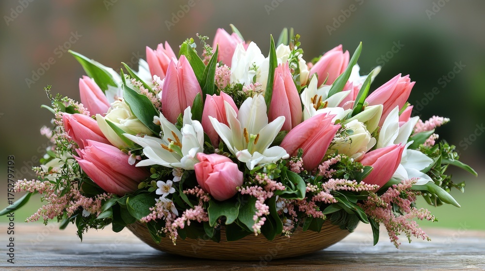 Obraz premium Beautiful Pink and White Tulip Floral Arrangement in a Bowl.