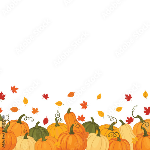 A bountiful harvest of autumn pumpkins and colorful falling leaves creates a festive seasonal backdrop.