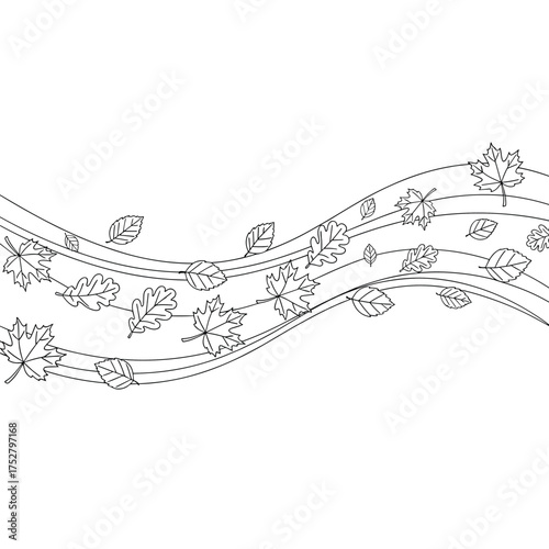 A gentle wind carries autumn leaves across a dotted line wave pattern.