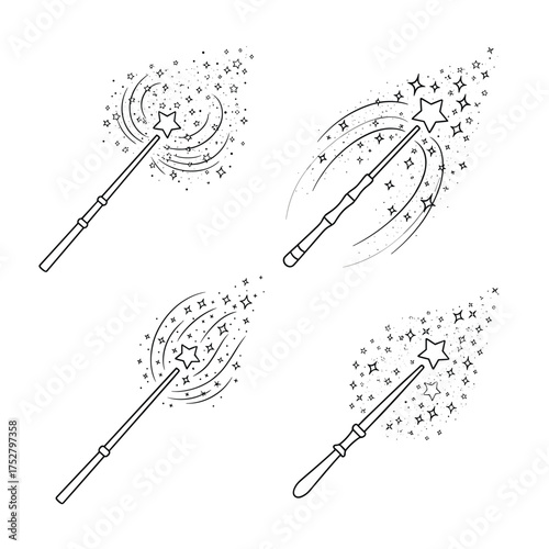 A collection of four intricately drawn magical wands casting sparkling spells and emitting trails of stardust.