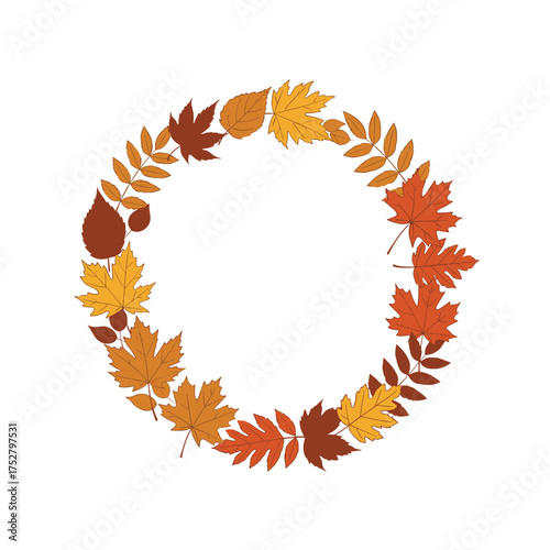A circular arrangement of fall leaves in shades of orange brown and yellow.