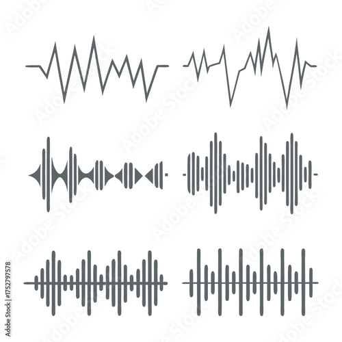 Audio Waveforms Set Depicting Sound Visualization and Voice Recognition for Creative Multimedia Projects and Digital Communication Applications