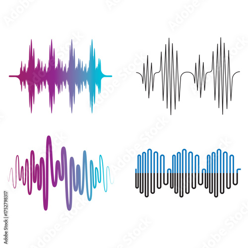 Diverse set of audio waveform visuals representing different sound frequencies and types ideal for music production or sound design projects