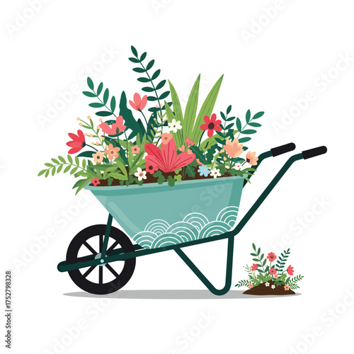 A turquoise wheelbarrow overflowing with a vibrant assortment of fresh spring flowers and greenery.