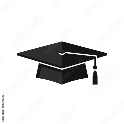 A black graduation cap with a tassel is depicted in this simple graphic illustration.
