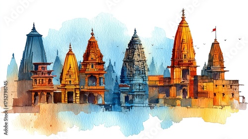Watercolor painting of varanasi cityscape with temples and buildings isolated on white background