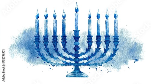Watercolor illustration of a blue hanukkah menorah with lit candles isolated on white background