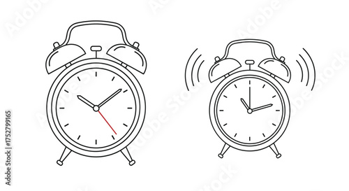 Two alarm clocks one silent and one ringing loudly signaling time to wake up.