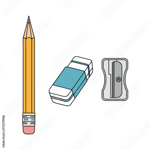A yellow pencil an eraser and a pencil sharpener are shown in a row.