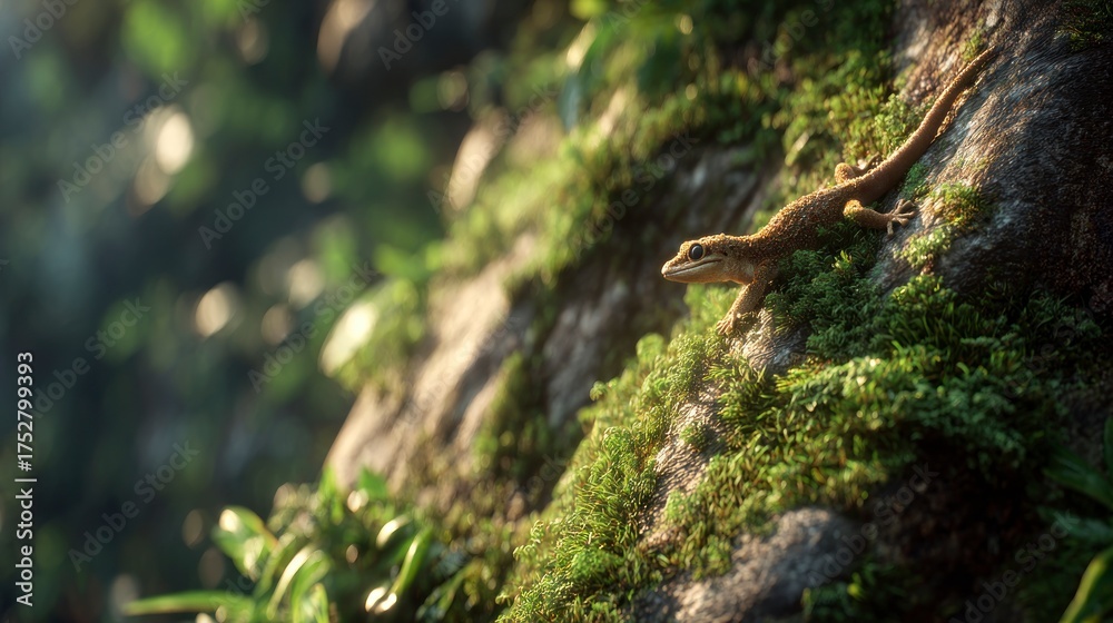 Obraz premium Lizard climbing mossy rock