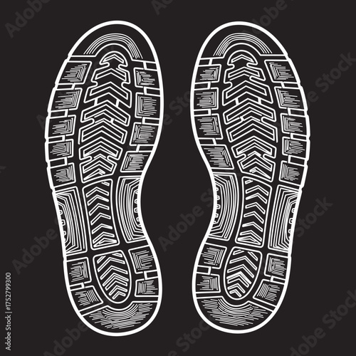 An illustration of two white boot prints on a black background with detailed tread patterns.