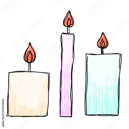 Handdrawn Watercolor burning candle set Illustration, Doodle Style Drawing