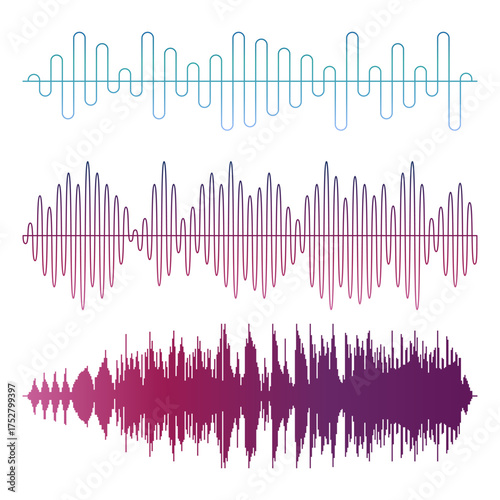 Three Colorful Sound Waves Representing Different Audio Signals and Frequencies in Teal Blue and Reddish Purple Tones