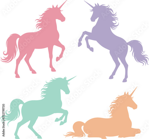 Soft Pastel Colored Unicorn Horses Silhouettes Set With Different Poses