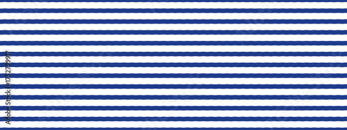 Blue and white striped background. Horizontal sailor lines create nautical texture with hand drawn strokes. Vector seamless pattern for summer fabric. Marine uniform design template.