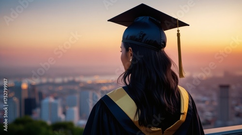 Graduation Success Young Woman in Cap and Gown Looking Over City Skyline at Sunset