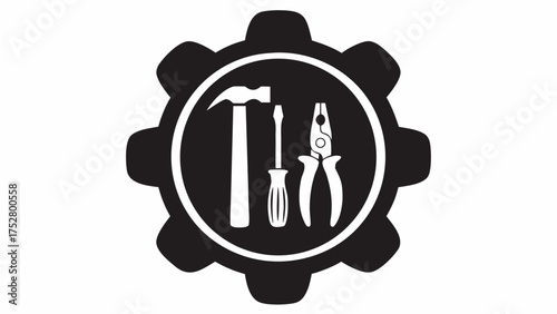 Illustration of a black gear shape with a white circle containing a hammer screwdriver and pliers inside