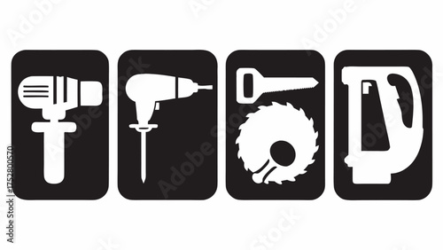 Illustration of four black squares each containing a white tool icon including drills and saws tools 100