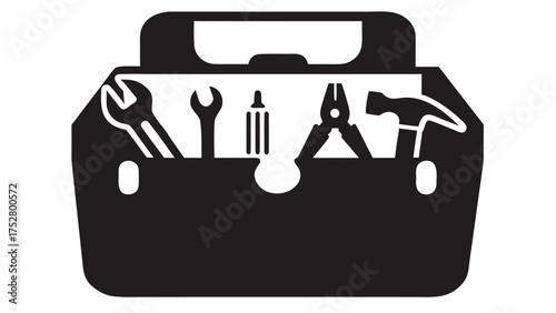 Illustration of a black toolbox filled with various tools including wrenches pliers and a hammer inside
