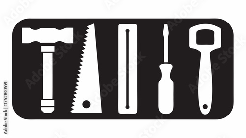 Illustration of a black rectangle containing white icons of a hammer saw ruler screwdriver and bottle opener