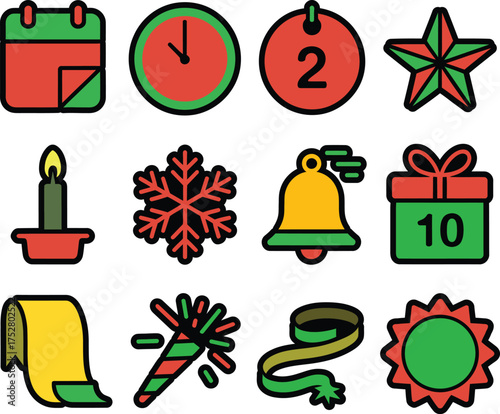 Festive New Year Holiday Celebration Icons and Symbols Set