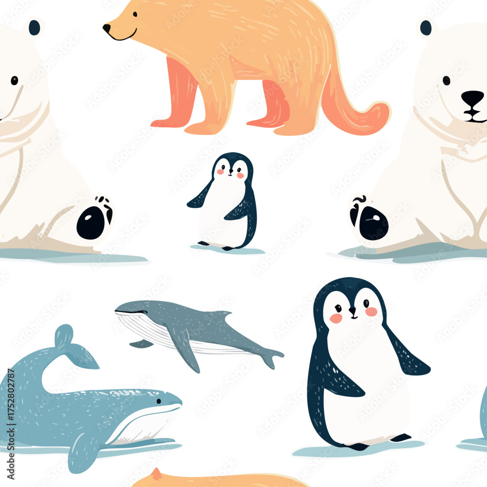 Obraz premium Seamless pattern with cute polar animals including bears, penguins, whales, and dolphins. Perfect for kids' products, winter themes, and playful Arctic or ocean designs.