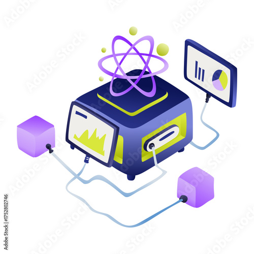 Isometric Illustration of Scientific Equipment with Atom and Data Displays