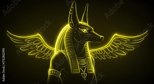 A glowing, stylized depiction of an Egyptian god with a jackal head and wings, aglow in yellow light