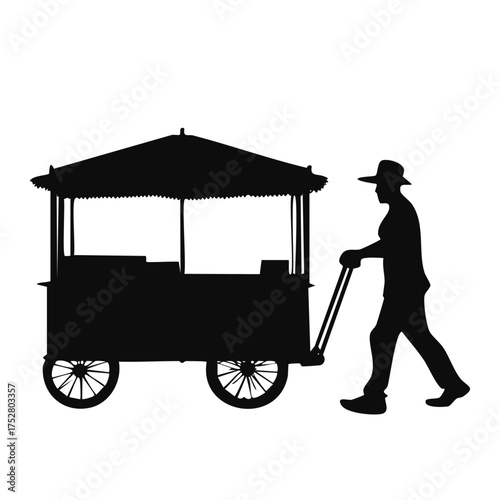 Silhouette of street vendor pushing a traditional food cart. Iconic urban scene representing mobile commerce, local culture, and everyday life in Southeast Asia.