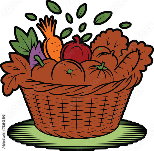 Wicker Basket Full of Fresh Vegetables: Healthy Food and Harvest Concept Art