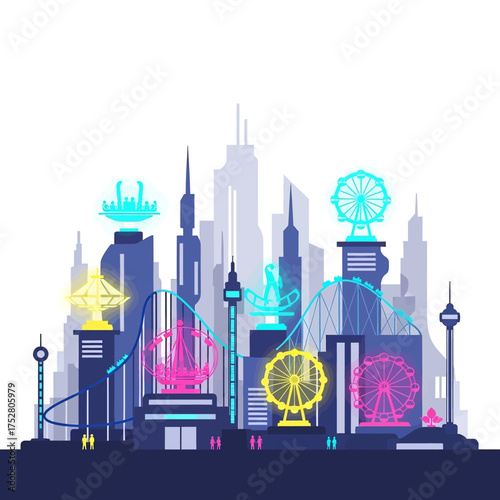 Amusement park skyline with rides and skyscrapers in neon colors.