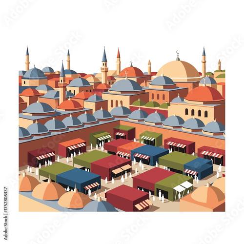 Vibrant illustration of a bustling traditional marketplace with colorful stalls and a historic city skyline in the background.