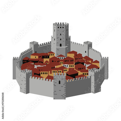 A detailed illustration of a medieval walled city with a central keep and surrounding buildings.