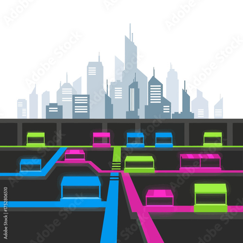 Abstract illustration of a futuristic subway system with colorful trains running through tunnels beneath a city skyline.