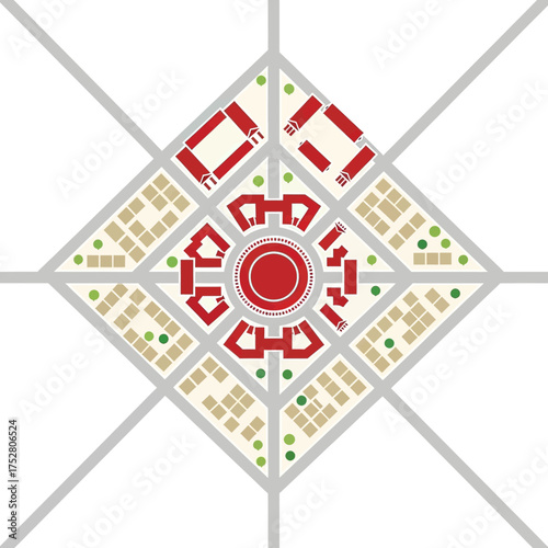 Abstract overhead view of a symmetrical urban plan with a central circular building surrounded by red and beige blocks, intersected by diagonal roads.